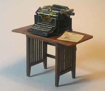 Miniature Arts & Crafts Style Typewriter Table with Miniature Underwood Typewriter and Typed Letter to Scale